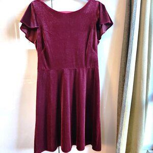 London Times Red Velvet Stretchy Skater Dress Flutter Sleeves Festive Holiday